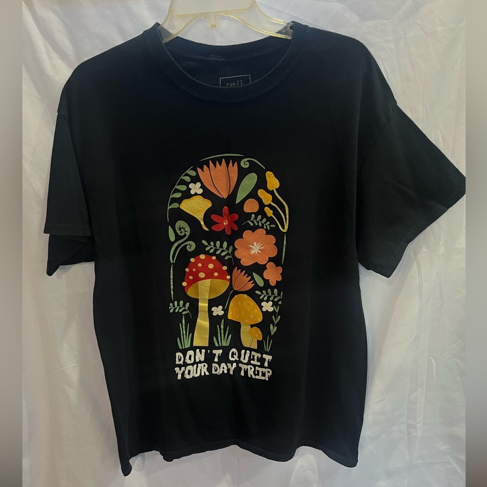 Rue21 Black Tee with Floral Mushroom Graphic